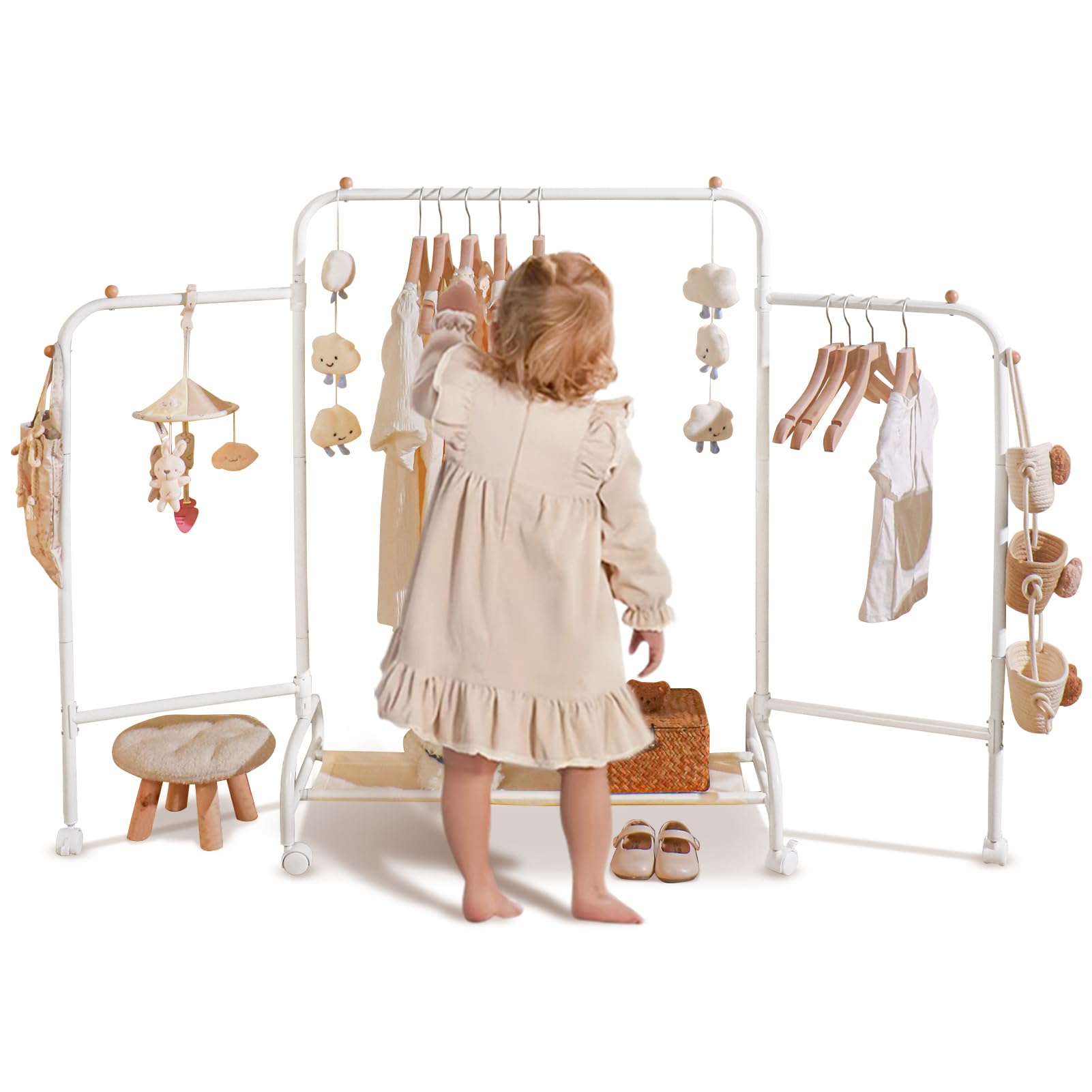 YGJT Multifunctional Kids Clothing Rack, Baby Garment Rack for Hanging Clothes with Wheels and Bottom Storage Shelf, Small Cloth