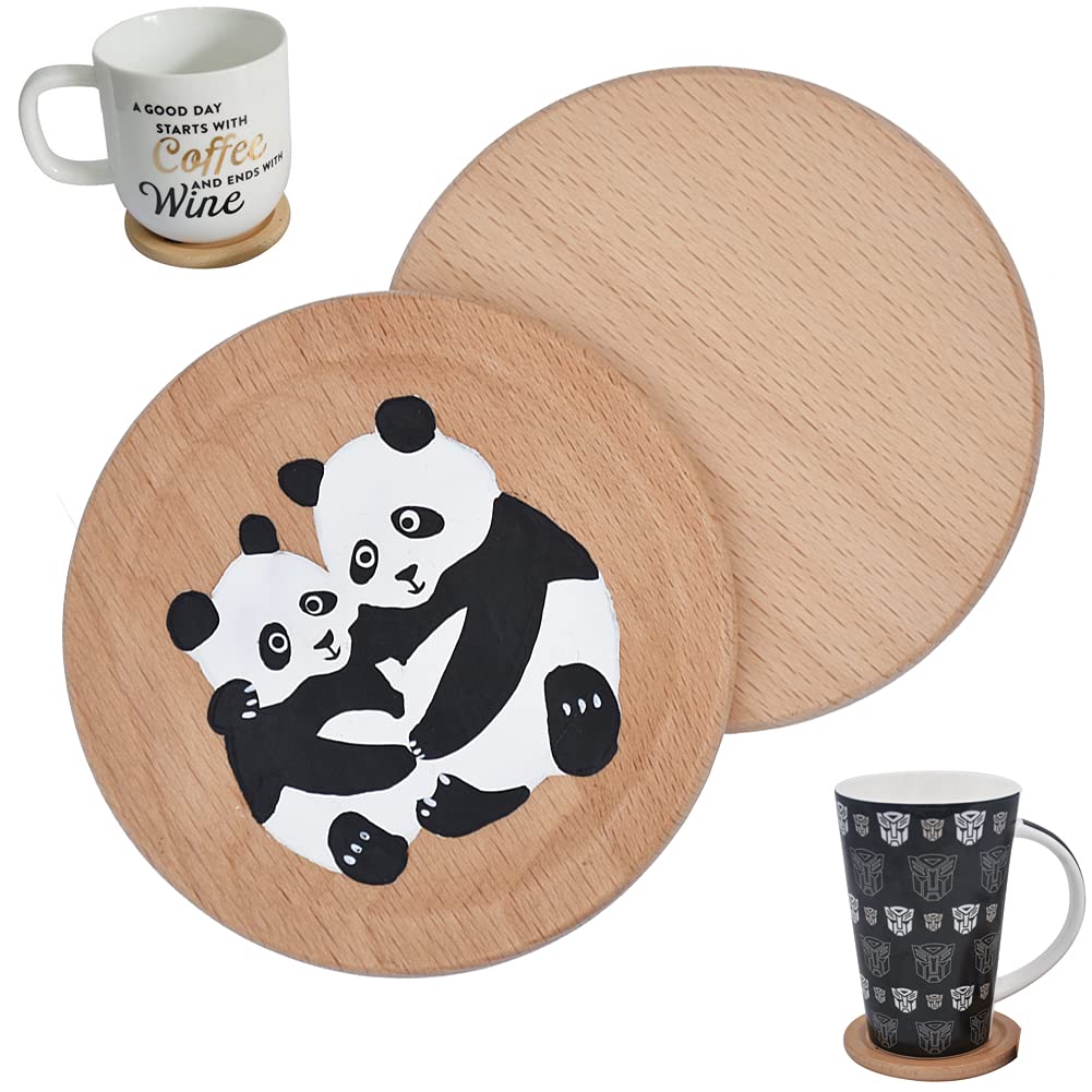 Txxma Natural Wood Funny Coasters For Drinks Cute Panda Insulation Coaster For Wooden Table Circle Solid Beech Coffee Cup Mat Se