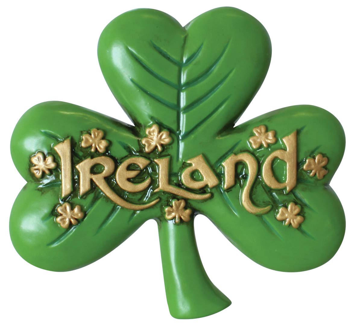 Antique Magnet Of Large Shamrock And Gold Ireland Text And Small Shamrock Design