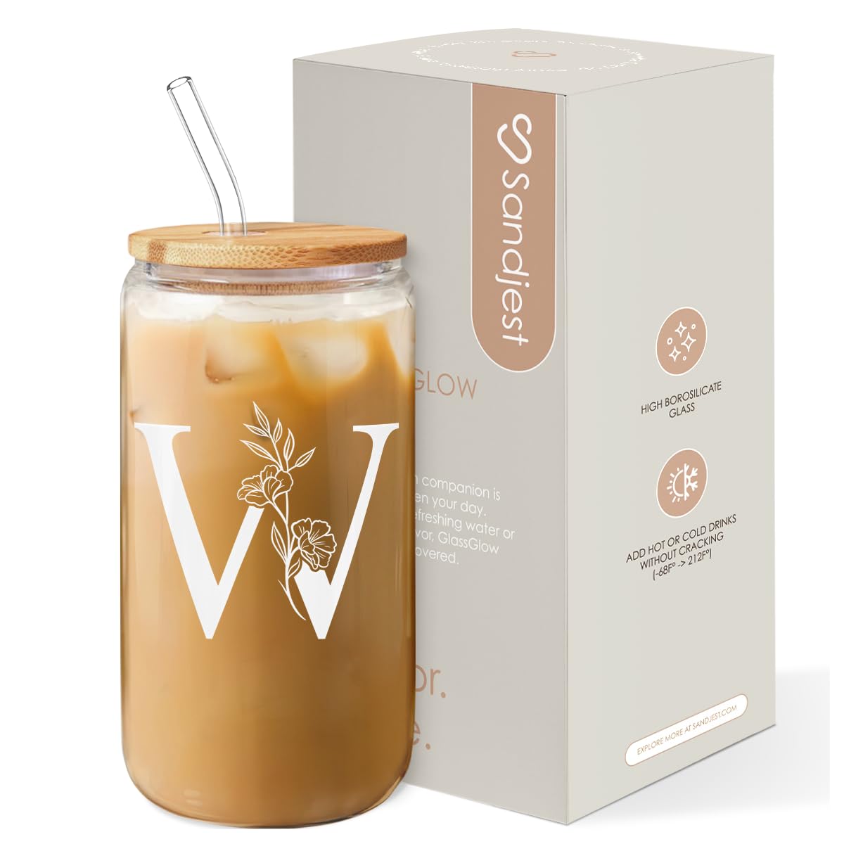 SANDJEST Monogrammed Gifts for Women - Monogram W Initial Glass Cup 16 Oz Can Coffee Cups with Lid and Straw - Monogram Initials