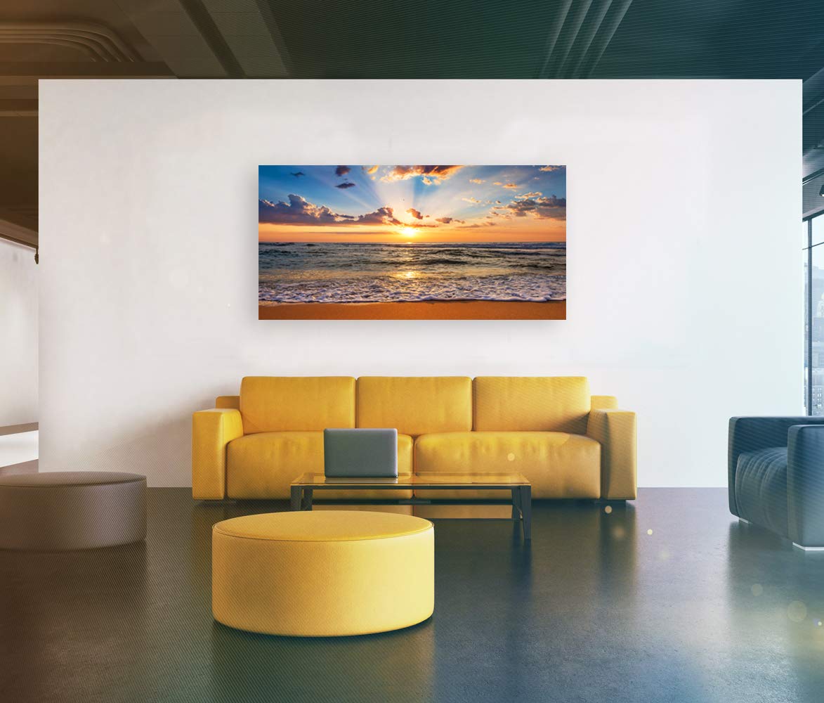 Muolunna BK1862 Wall Art Decor Large Canvas Print Picture Sunrise Ocean Beach Waves Scenery Painting Artwork for Office Wall Decor Home Decoration Stretched and Framed Ready to Hang Xlarge  24x48inch x1pcs