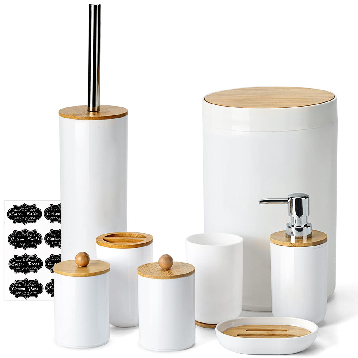 Fixwal Bamboo Bathroom Accessories, 8Pcs Bathroom Accessory Set With Trash Can, Toothbrush Holder, Soap Dispenser, Soap Dish, Pl