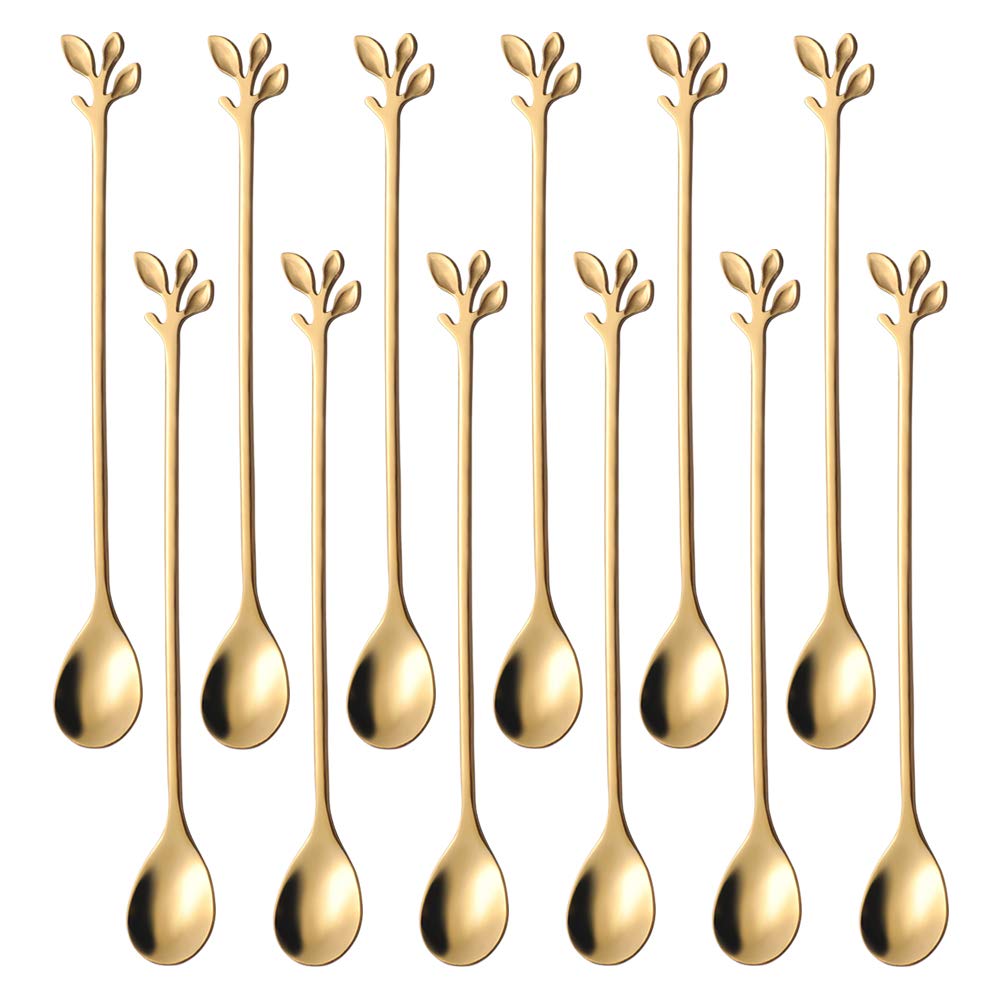 Ansaw 6.5 '' Elegant Leaf-Design Gold Coffee & Tea Spoons Set Of 12- Long Handle Stainless Steel Stirring Spoons For Espresso, I