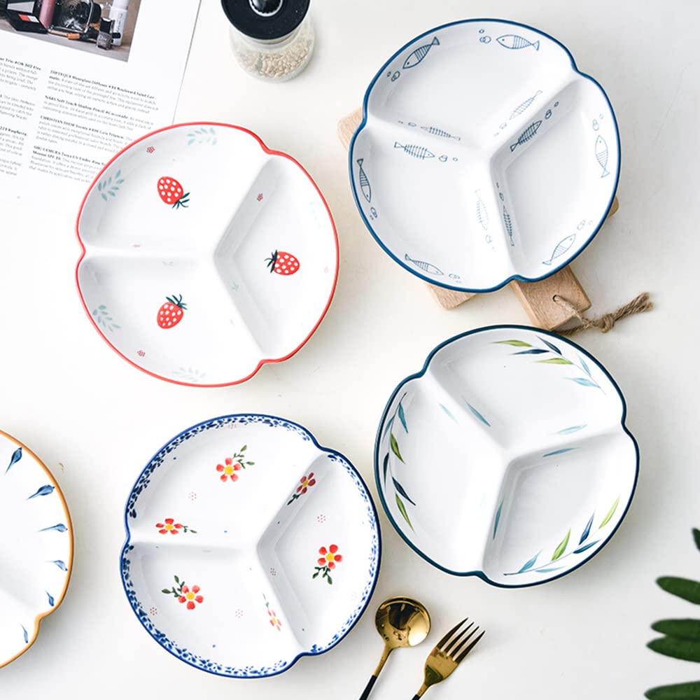 Bicuzat 1 Pcs Ceramic Portion Control Plate Divided Plate Dessert Dish Salad Plate Dinner Plate-8 Inch-Leaves