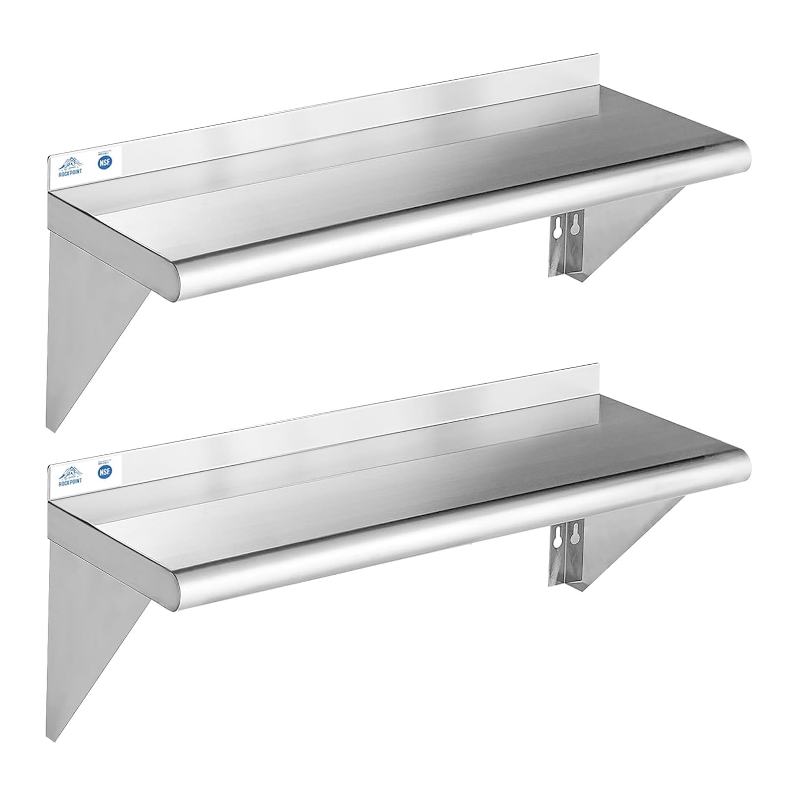 ROCKPOINT Stainless Steel Shelf 10 x 36 Inches 240lb, 2 Pack NSF Metal Commercial Shelves Wall Mount Floating Shelving with Back