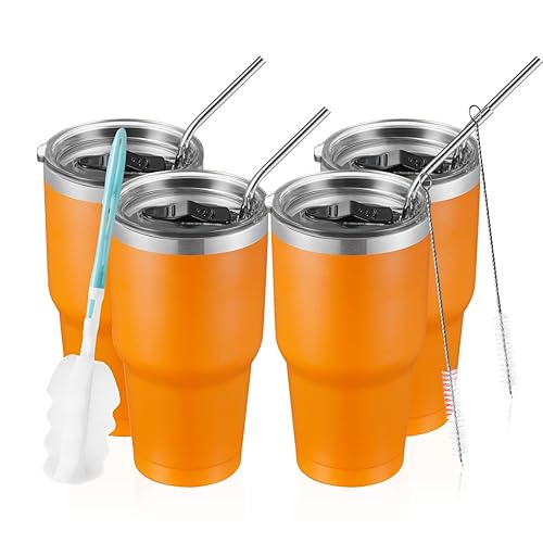 COMOOO 30oz Tumbler Stainless Steel Insulated Tumbler with Lid Double Wall Vacuum Coffee Cup Large Travel Mug for Hot and Cold Drinks  Home  Office  School Party (Orange  4 Pack)