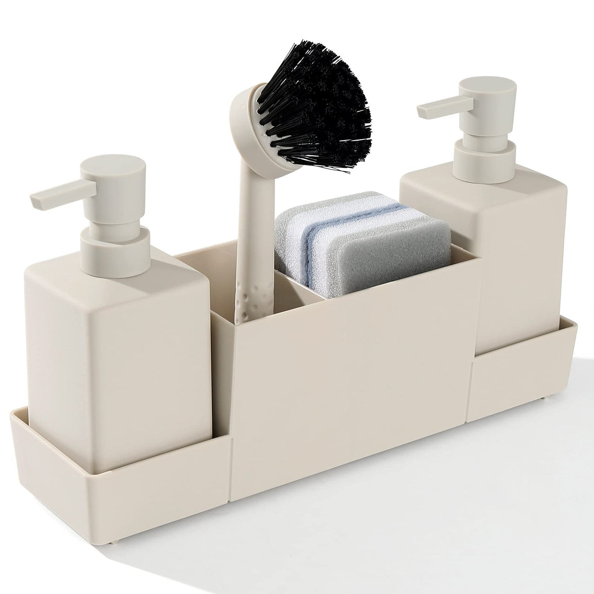 Kitchen Soap Dispenser With Sponge Holder Set For Sink Caddy, Hand Soap And Dish Soap Dispenser With Brush Matte Beige