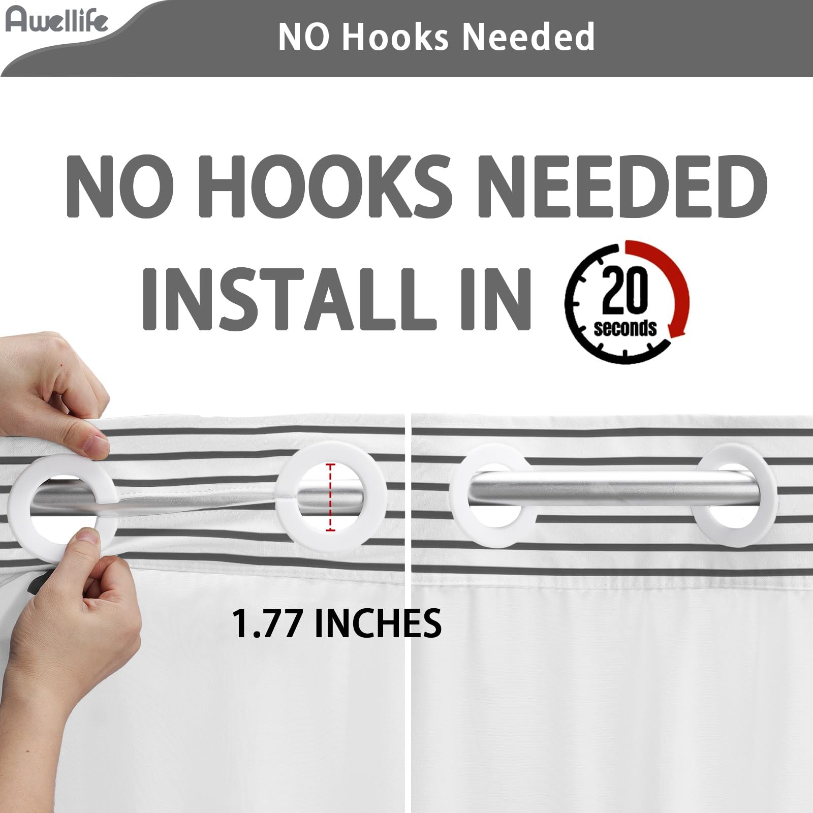 Awellife No Hook Shower Curtain With Snap In Liner Set Cotton And Linen Blend Shower Curtain For Bathroom Boho Dark Grey Striped