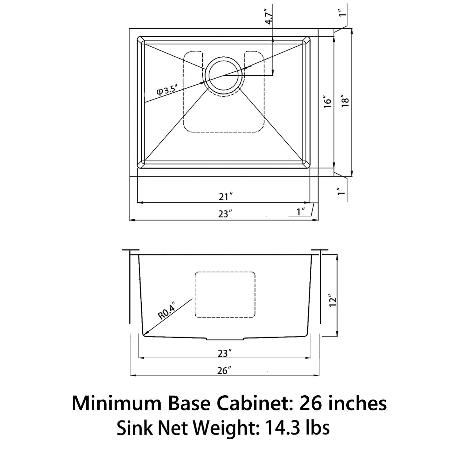 Sinber 23'' x 18'' x 12'' Undermount Single Bowl Kitchen Sink with 18 Gauge 304 Stainless Steel Satin Finish HU2318S-12-S (Sink Only)