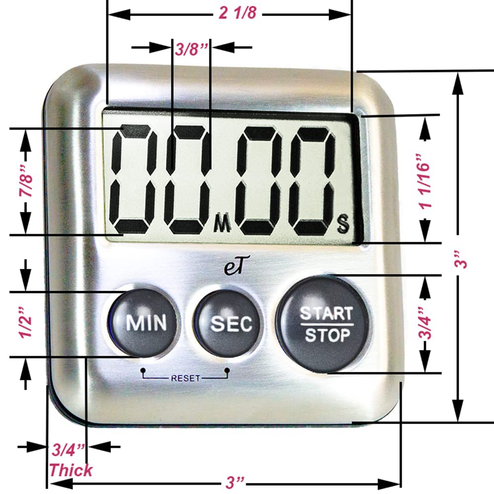 Elegant Digital Kitchen Timer Stainless Steel - Charcoal -Strong Magnetic Back - Kickstand - Loud Alarm - Large Display - Auto M