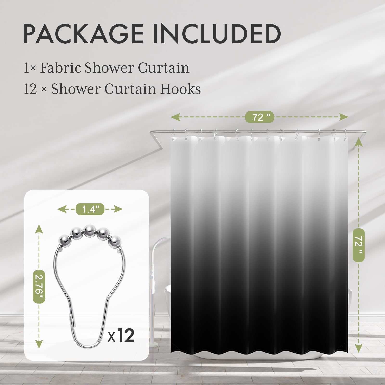 AmazerBath Shower Curtain Sets  Cloth Ombre Black Shower Curtain with 12 Shower Curtain Hooks  Washable Fabric Black and White Shower Curtain  Rustic Farmhouse Bathroom Shower Curtain  72x72 Inches