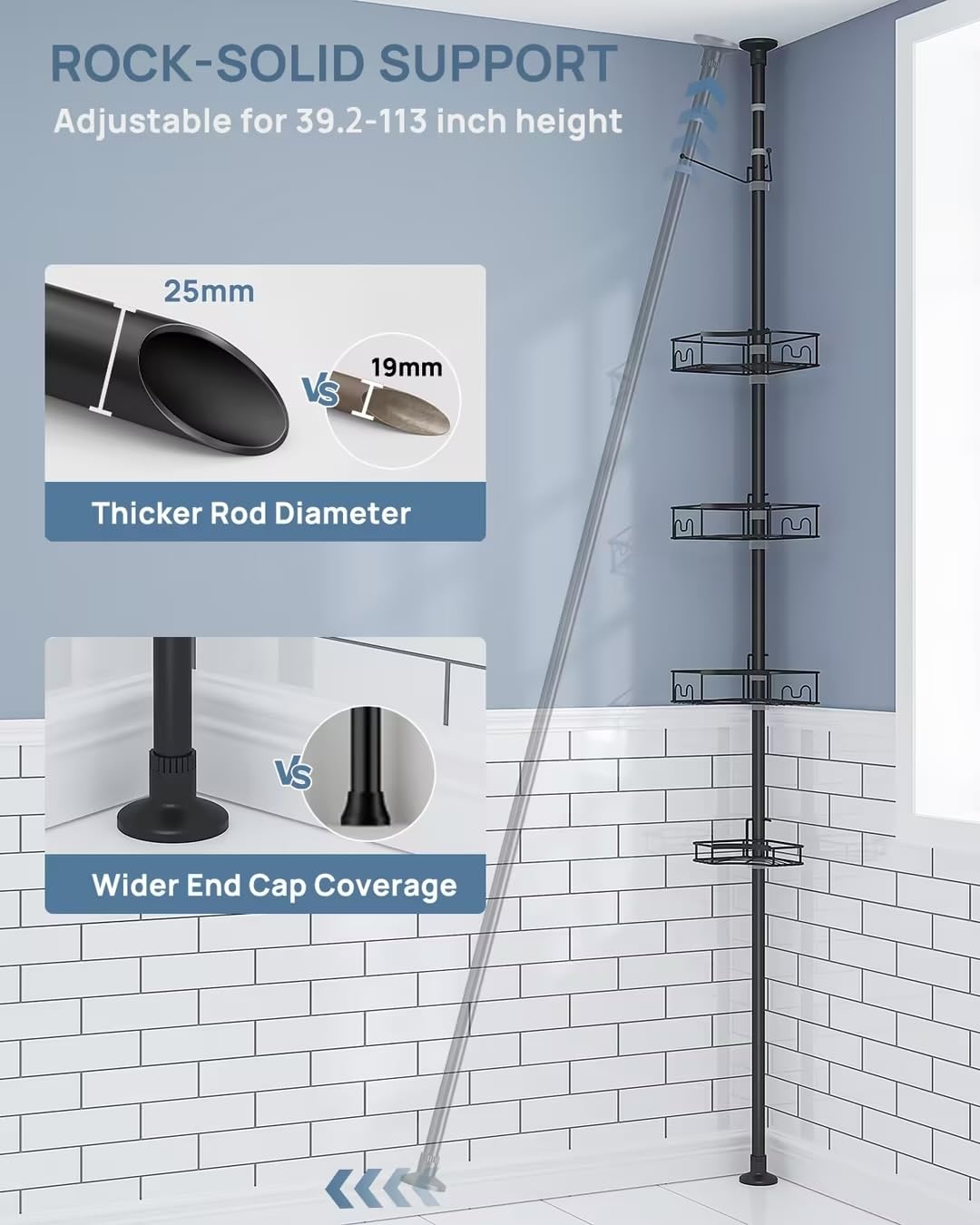 Seirione Corner Shower Caddy Tension Pole, 4-Tier Rust-Free Shower Organizer Corner, Adjustable Shower Shelf For Inside Shower,
