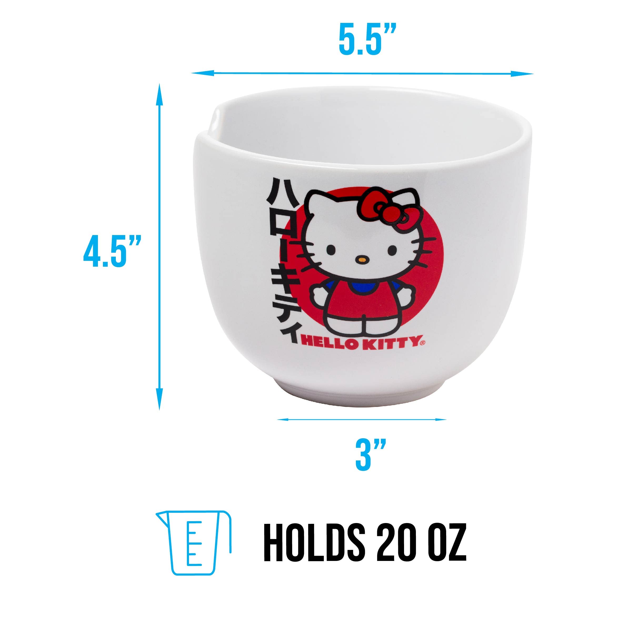 Silver Buffalo Sanrio Hello Kitty Japanese Ceramic Ramen Noodle Rice Bowl With Chopsticks, Microwave Safe, 20 Ounces