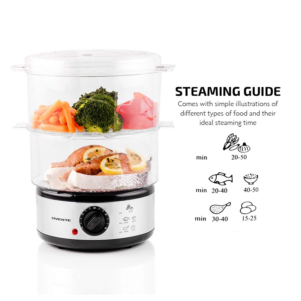 Ovente 2 Tier Electric Food Steamer For Cooking Vegetables, Stainless Steel Base, Stackable And Dishwasher Safe Baskets, 400W Wi