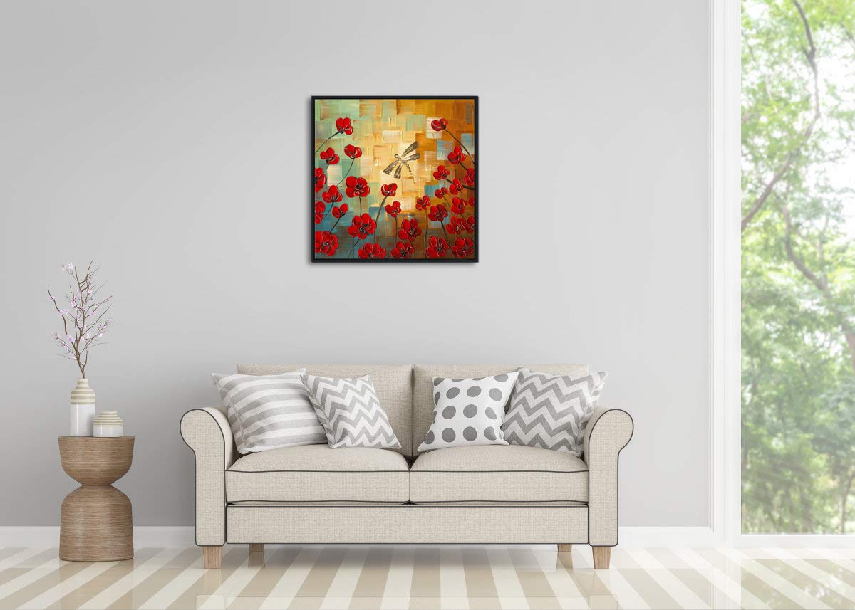 Wieco Art Framed Art Dragonfly Floral Oil Paintings On Canvas Wall Art For Bedroom Home Decorations Modern 100% Hand Painted Str