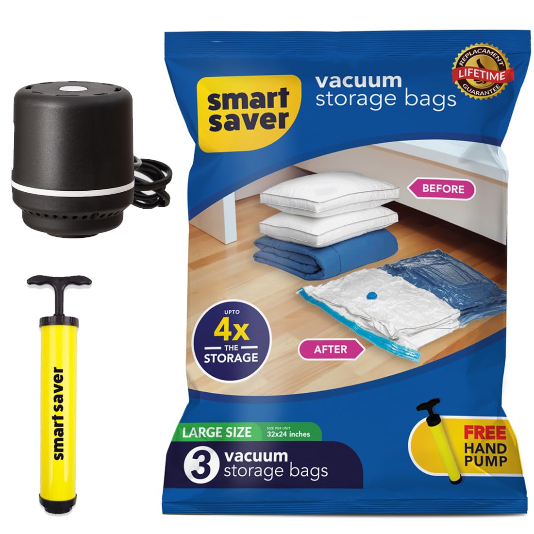 Smart Saver Vacuum Compression Bags | Vacuum Storage Bags | Vacuum Bags For Travel | Space Saver Vacuum Bags (3Large + Electric 
