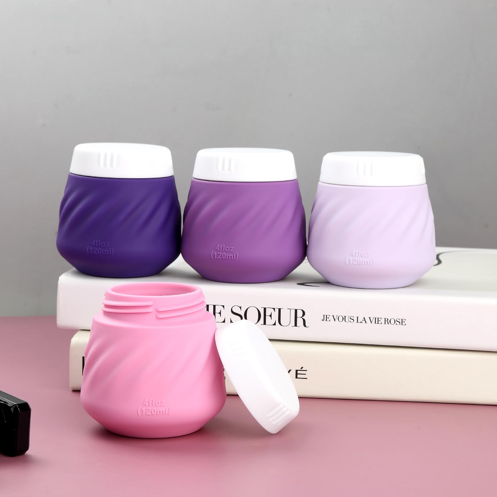 Gemice 4 Oz Travel Size Containers For Toiletries, 4-Pack Leak-Proof Silicone Slime Jars With Lids, Bpa Free Small Round Cosmeti
