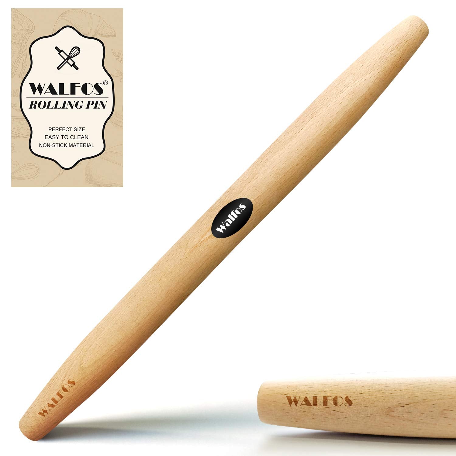 Walfos French Rolling Pin Roller For Baking Pizza Dough, Pie And Cookie Beech Wood(15.7 Inch)