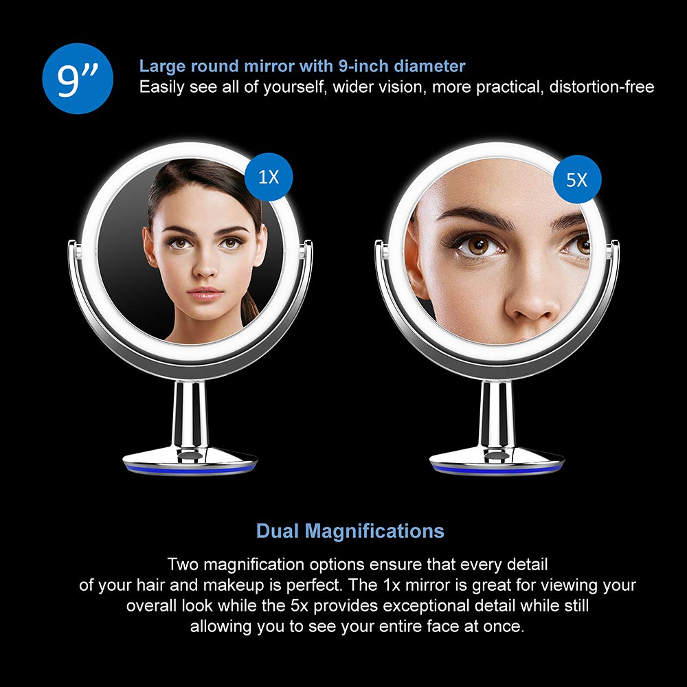 Superglow 9 Round Shaped Dual-Sided Lighted Makeup Mirror, 1X/5X Magnifying Vanity Mirror, Brightness 1000Lux, 360 Degree Rotati