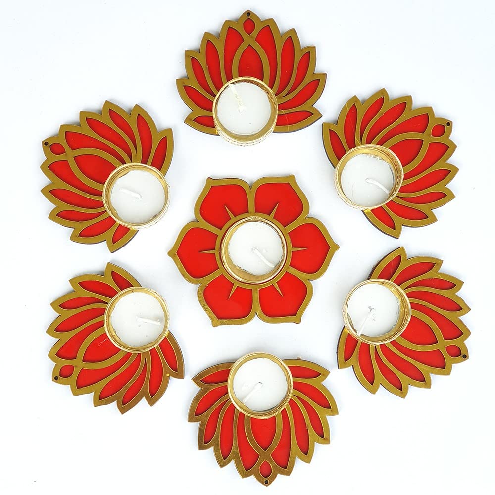 Gift Jaipur Handmade 7 Pc Red Lotus with Flower Diya Rangoli Candles with Wax (4 Inch) - Deepak Diyas Home Temple Decorations fo