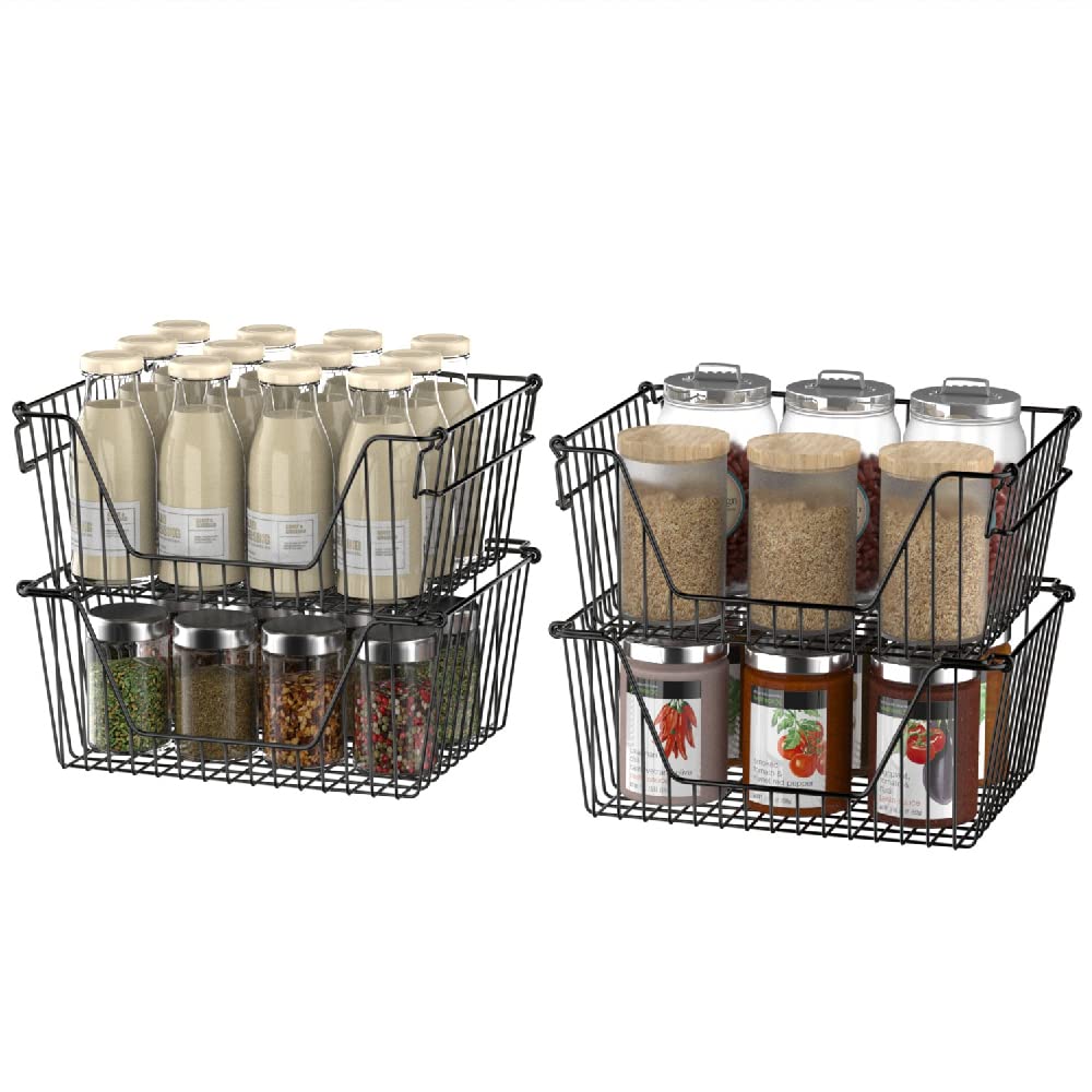 Slideep Wire Storage Baskets For Organizing, 4 Pack 14'' Stacking Metal Wire Freezer Organizer Bins With Handles, Large Pantry B