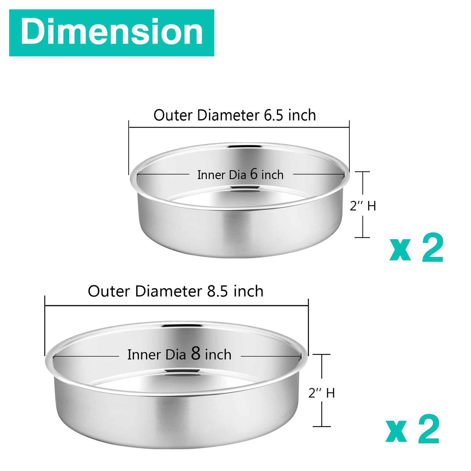P&P Chef 4-Piece Cake Pans (6    X 2 + 8    X 2), Stainless Steel Round Cake Pan Tin Set For Layered Standard Cake, Non-Toxic &