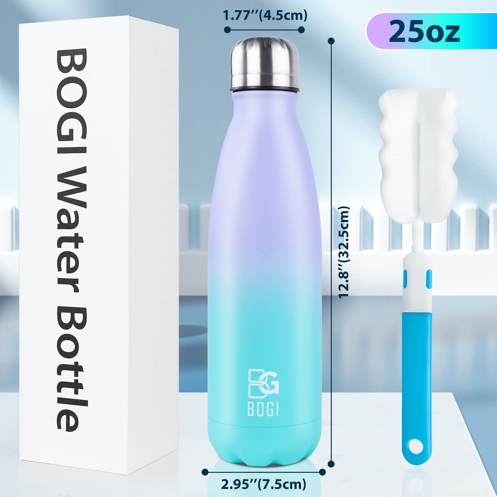 Bogi Insulated Water Bottle, 25Oz Stainless Steel Water Bottles, Leak Proof Sports Metal Water Bottles Keep Cold For 24 Hours An