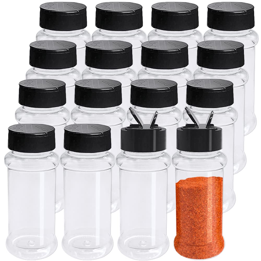 Ojyudd 16 Pack 3.4Oz/100Ml Plastic Spice Bottles Set,Empty Seasoning Containers With Black Cap,Clear Reusable Containers Jars Fo
