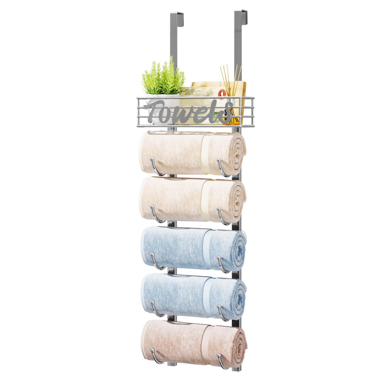 HapiRm Towel Racks for Bathroom Storage - 6 Tier Over The Door & Wall Mount Rolled Towel Storage Organizer Holder with Metal She