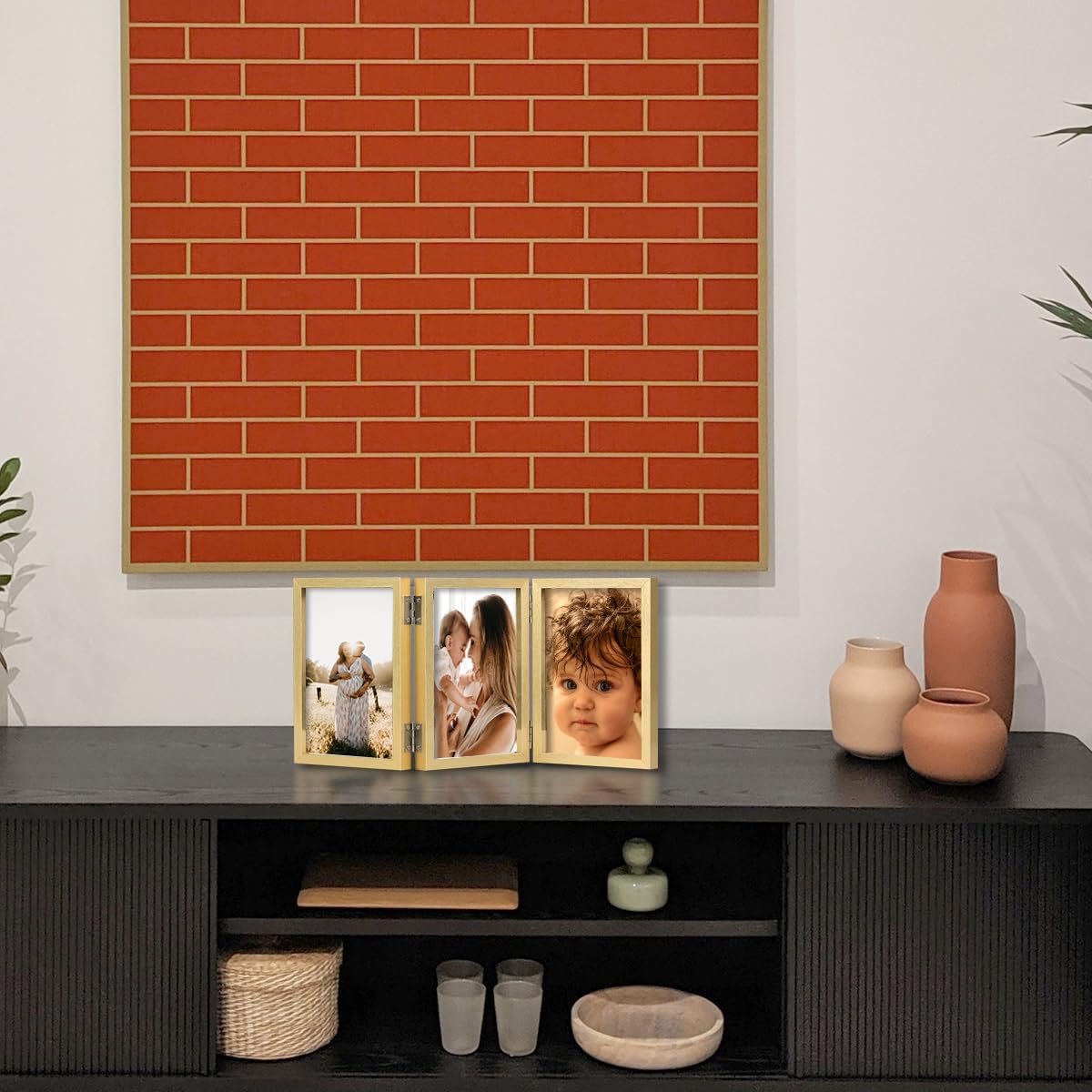 3 Picture Frame 4x6 Golden Triple Hinged MDF Wood with Glass Front Three Opening Photo Frame Stand Vertical on Tabletop