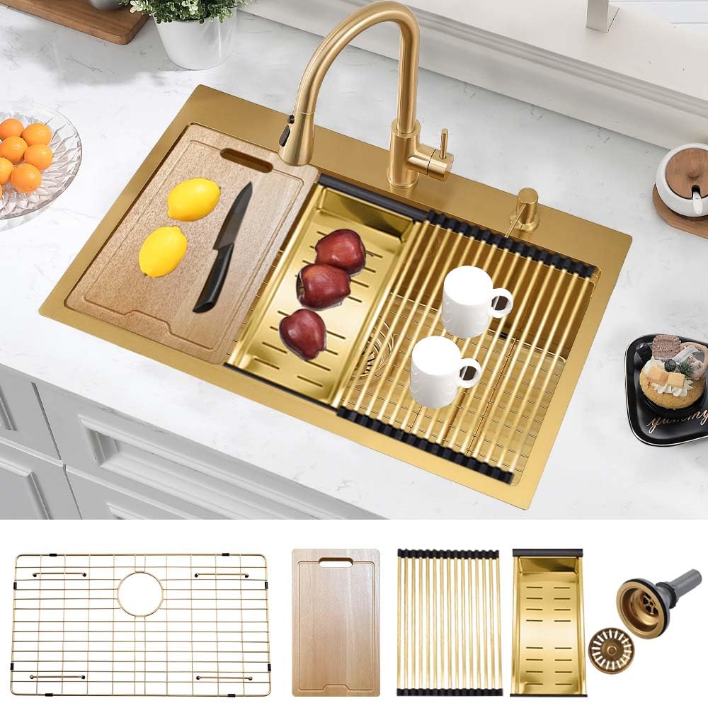 31 Inch Gold Kitchen Sink Drop In Workstation-Hovheir 31X20 Drop In Topmount Kitchen Sink Workstation 16 Gauge Stainless Steel B