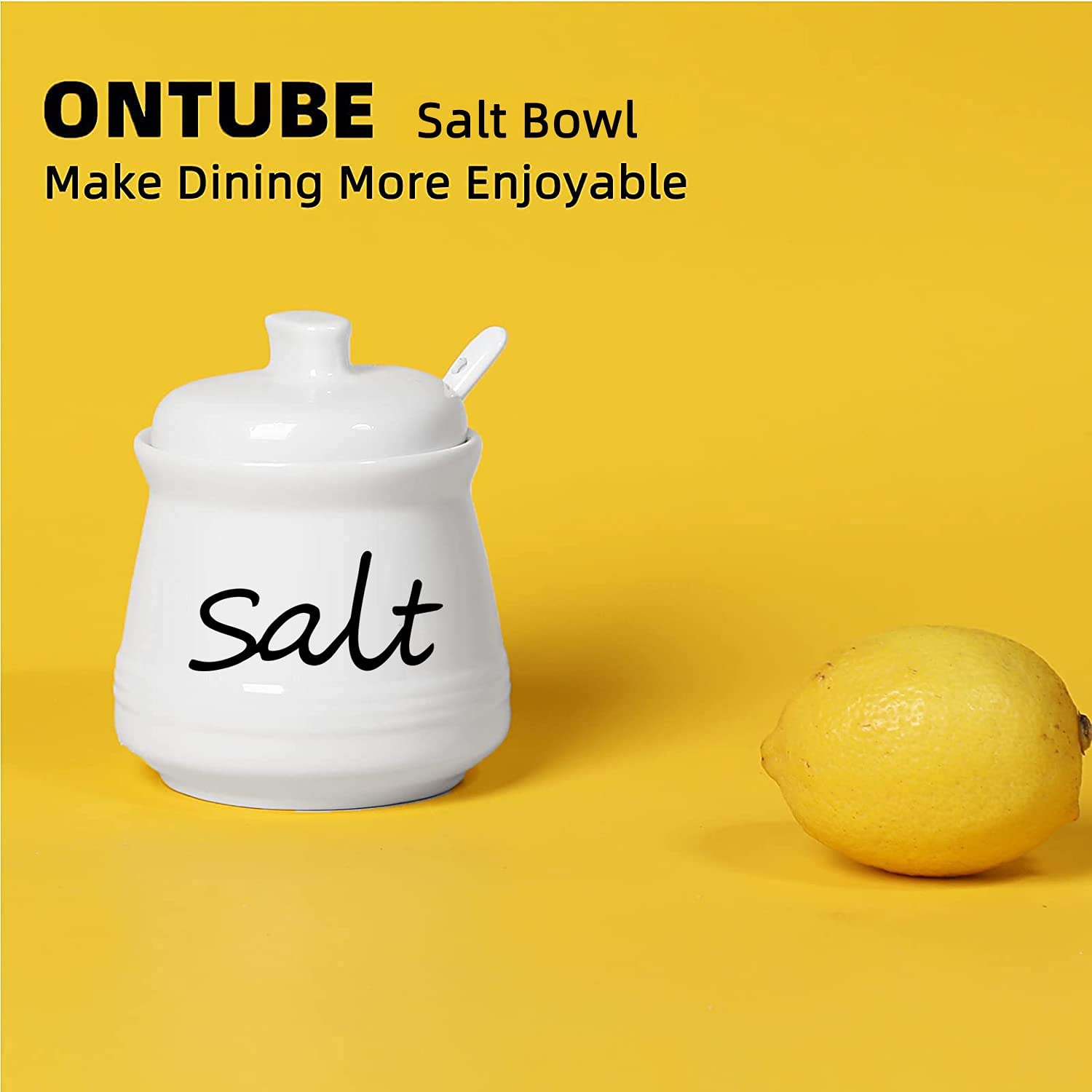 Ontube Ceramic Salt Bowl With Lid And Spoon 12Oz (White)