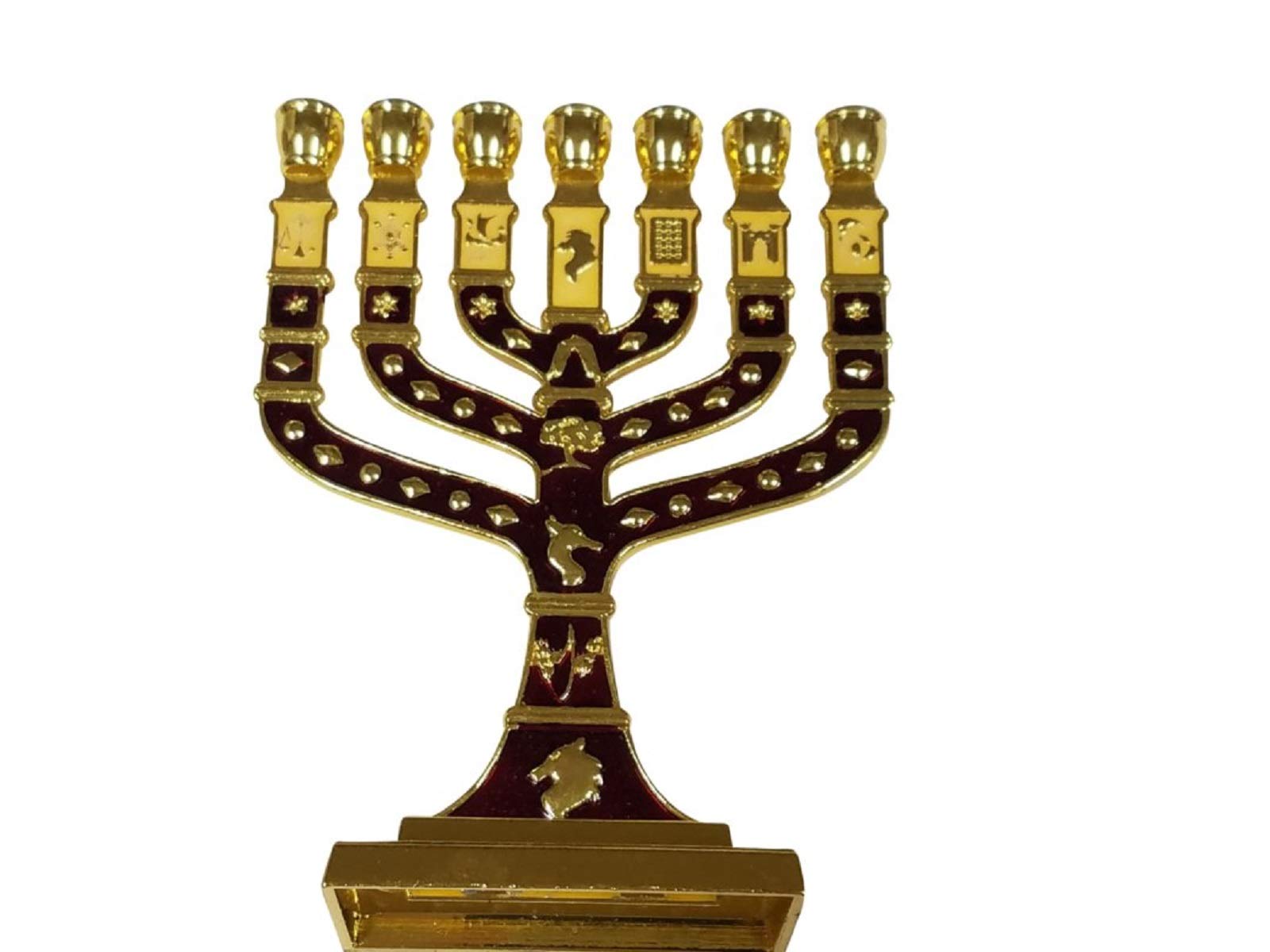 Bethlehem Gifts TM Jerusalem Temple Menorah 7 Branch Metal Candle Holder 12 Tribes of Israel 4.7 (Gold/Red)
