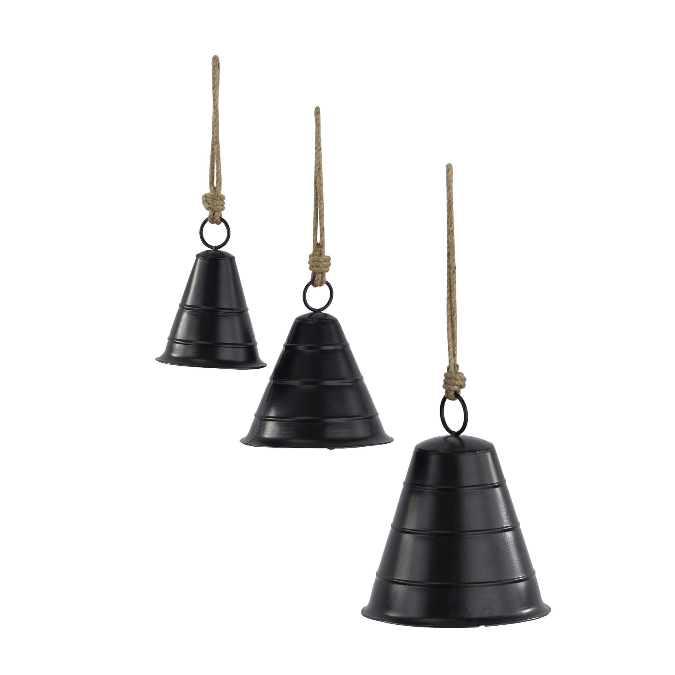 Deco 79 Black Metal Tibetan Inspired Decorative Cow Bells with Jute Hanging Rope, Set of 3 10, 8, 5H - Wide Cone