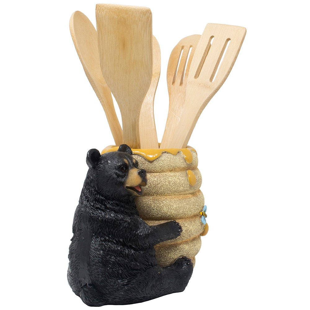 Decorative Black Bear In A Beehive Honey Pot Countertop Utensil Holder Crock Display Stand Table Statue For Cabin Or Rustic Lodg