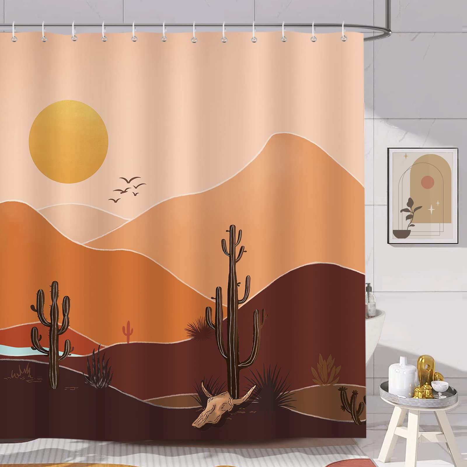 Bonhause Boho Mountain Cactus Shower Curtain 72 X 72 Inch Mid Century Modern Abstract Sunset Decorative Bath Curtain Polyester F