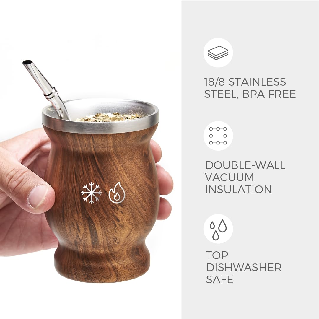 Balibetov Stainless Steel Double-Wall Mate Cup And Bombilla Set - Yerba Mate Set Includes One Yerba Mate Cup, 2 Bombillas Mate (