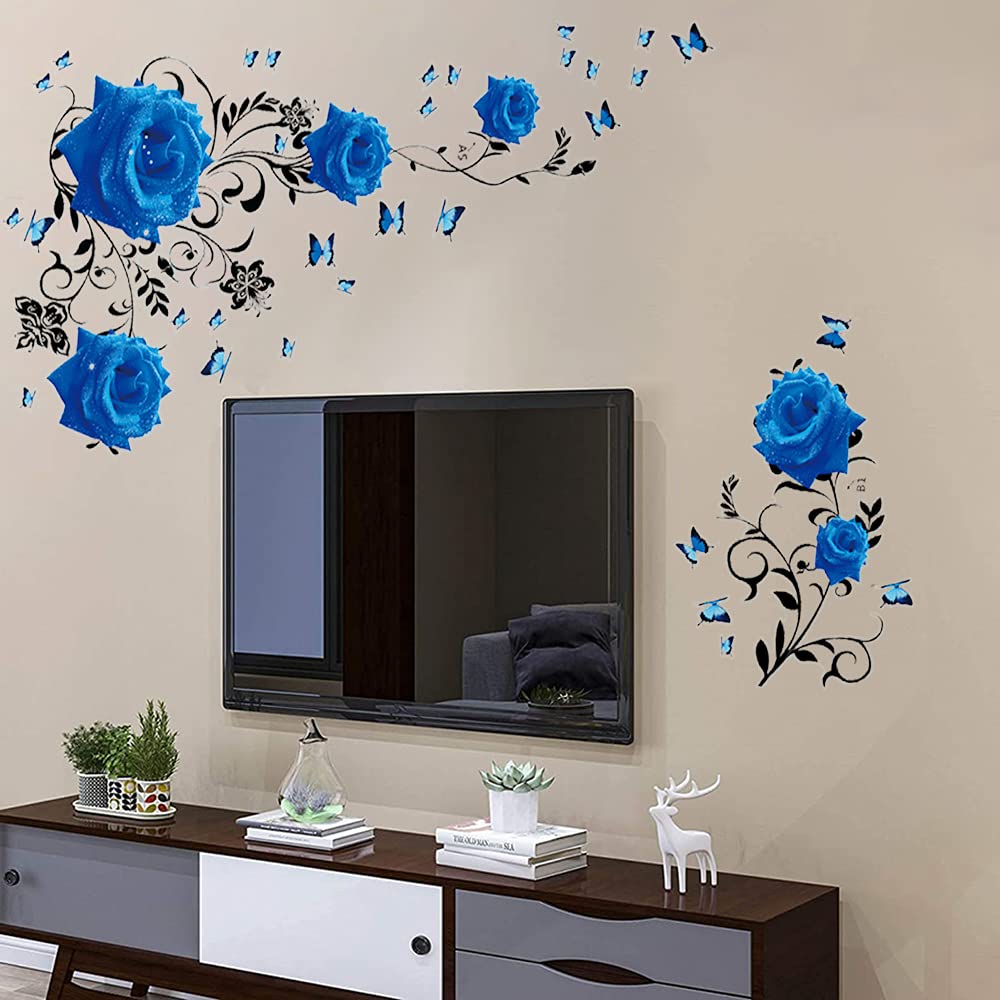 Supzone Blue Rose Wall Stickers Vinyl Floral Decal for Bedroom & Living Room, Model WS298