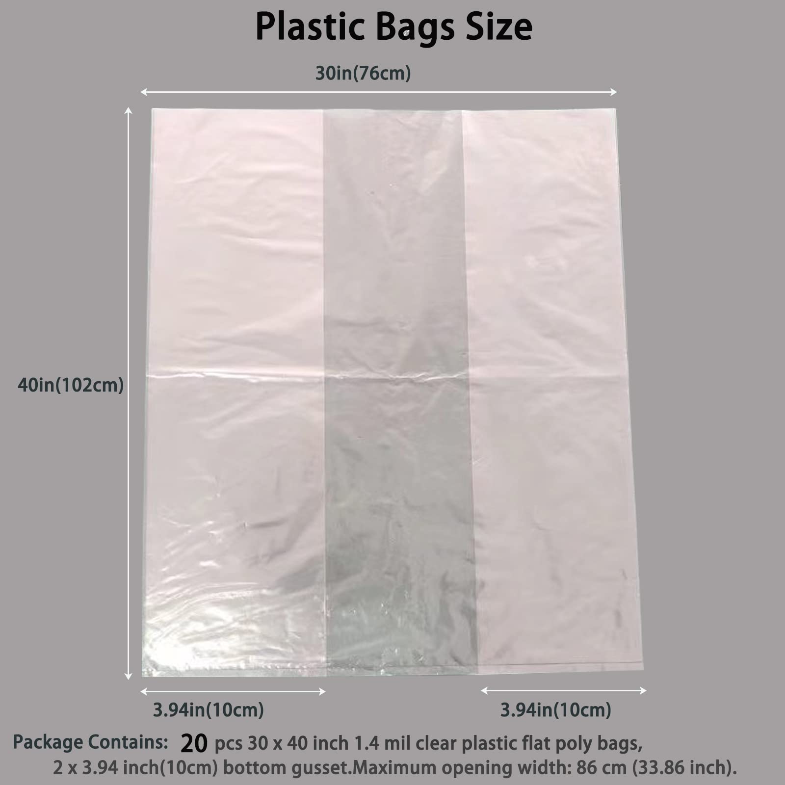 Krodtige 20 Pcs 30 X 40 Inch 1.4 Mil Large Clear Plastic Flat Open Poly Bags(With Bottom Gusset) + 20 Pcs Ties,Great For Big Plu