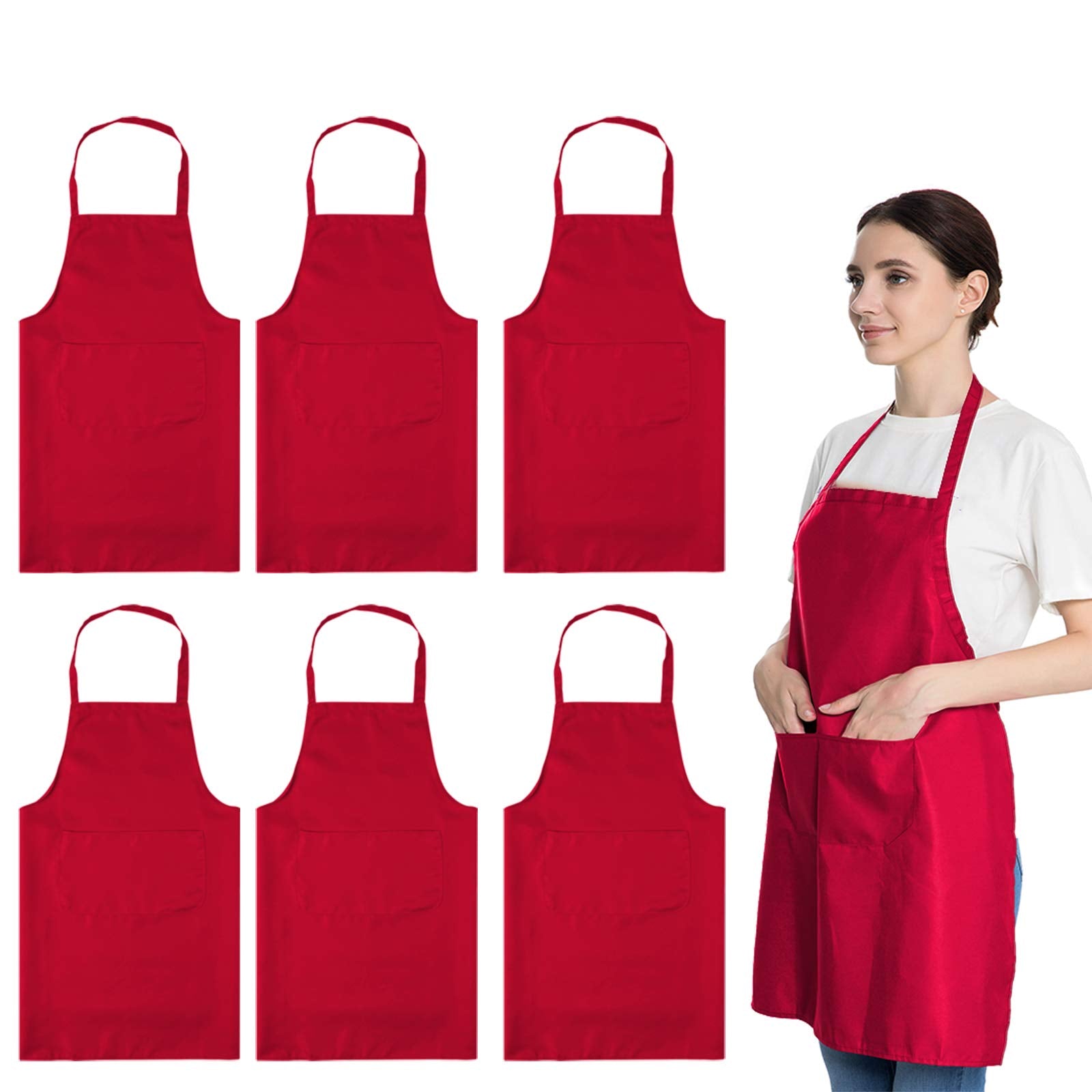 Loyhuang Total 6Pcs Red Aprons Bulk For Women Unisex Plain Colour Bib Aprons With 2 Front Pockets Washable Apron For Painting Co