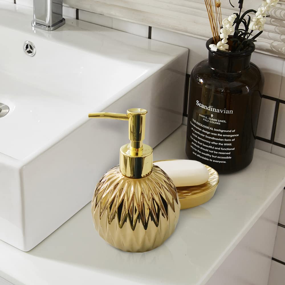 Ceramics Gold Soap Dispenser For Bathroom, Round Soap Dispenser With Delicate Embossed Rhombus Design (Gold)