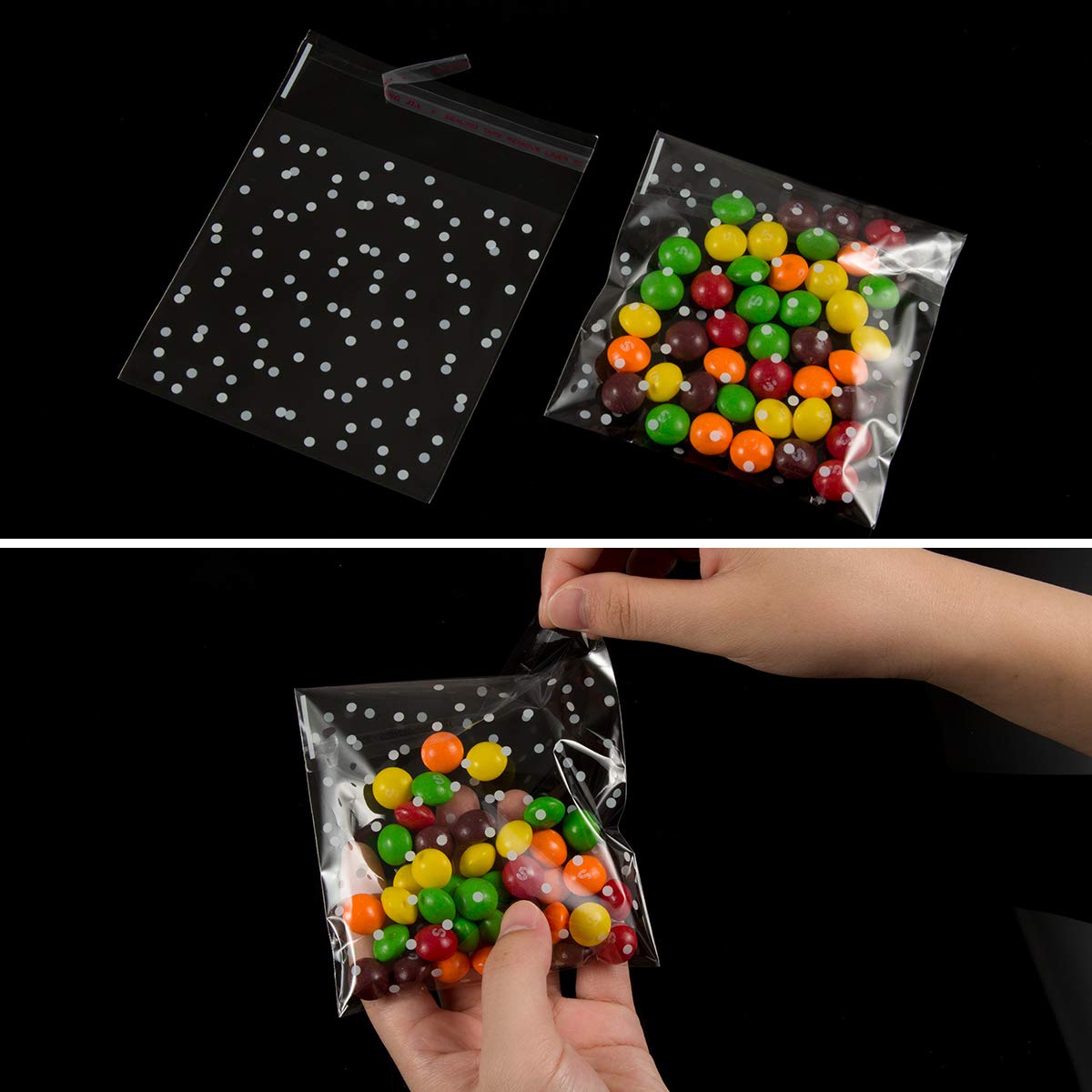 400PCS White Polka Dot Treat Bags Set Self Adhesive Candy Cookie Bags Set  200 Cellophane Bags + 200 Thank You Sticker for Bakery Biscuit Chocolate Snacks Dessert (5.5x5.5Inches  White Polka Dot+Sticker)