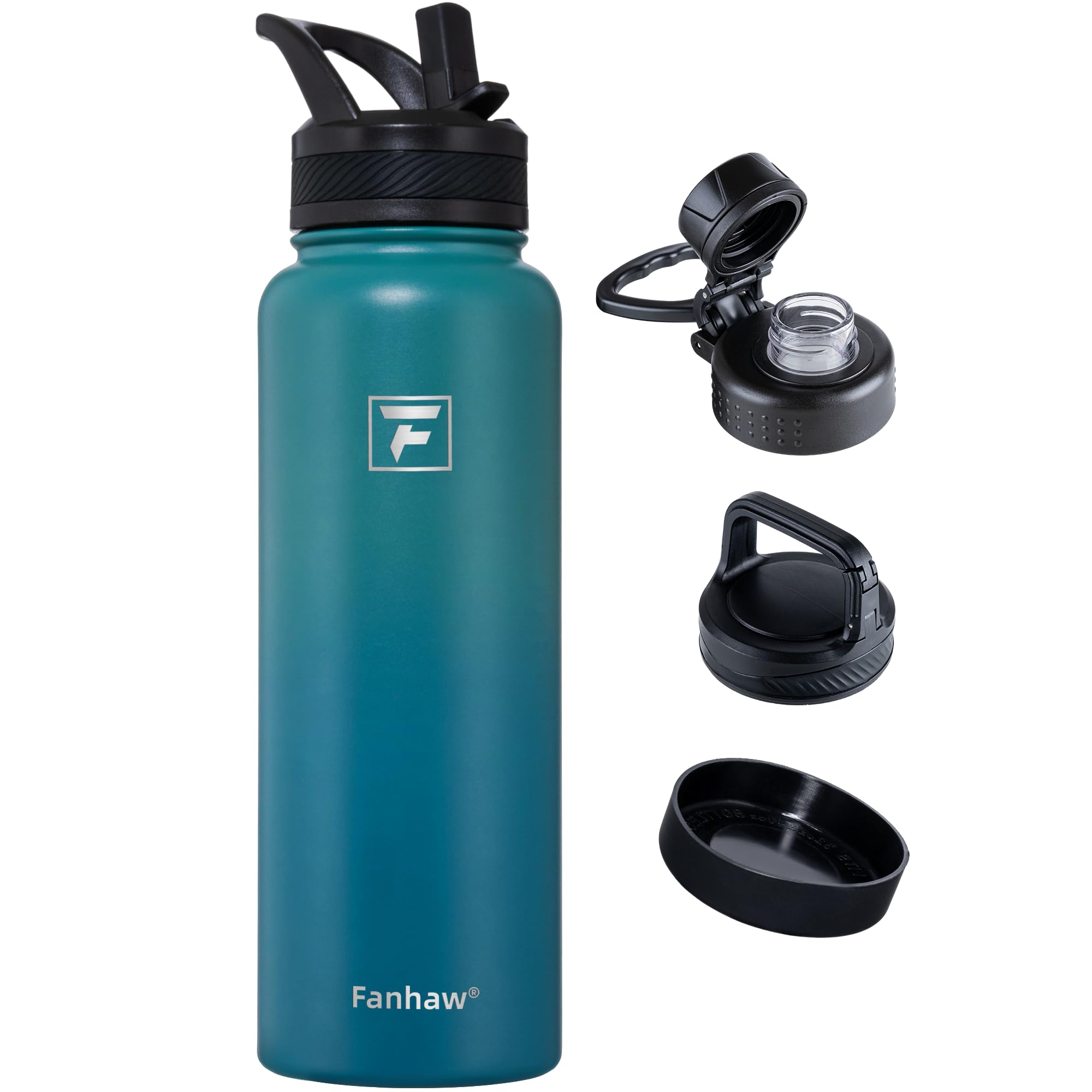 Fanhaw 40 oz Insulated Water Bottle - Stainless Steel Flask with 3 Lids (Straw, Spout, Carabiner) | Durable, Leakproof, for Hiki