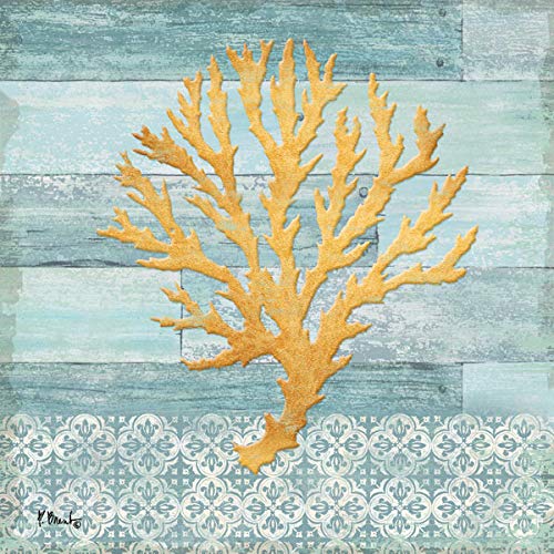 Lovely Turquoise Blue And Gold Coastal Coral Set; Two 12X12In Paper Poster Prints (Printed On Paper, Not Wood)