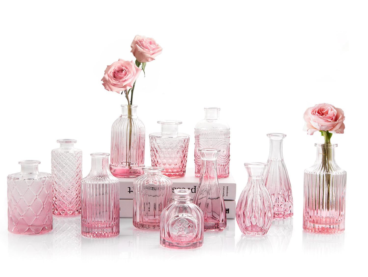 Glass Bud Vases Set of 12, TBWIND Small Vases for Flowers, Vintage Mini Vases for Centerpieces, Pink Glass Bud Vase in Bulk for 