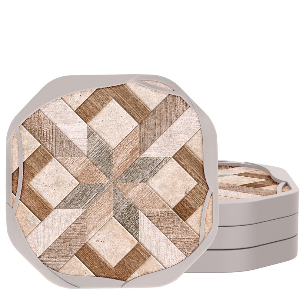 UMIRRO Absorbent Felt Coasters for Drinks with Silicone Case  Rustic Country Farmhouse Cup Coaster Set for Wooden Coffee Table Decor  Boho Tile Design  Brown  4''  4 Pack
