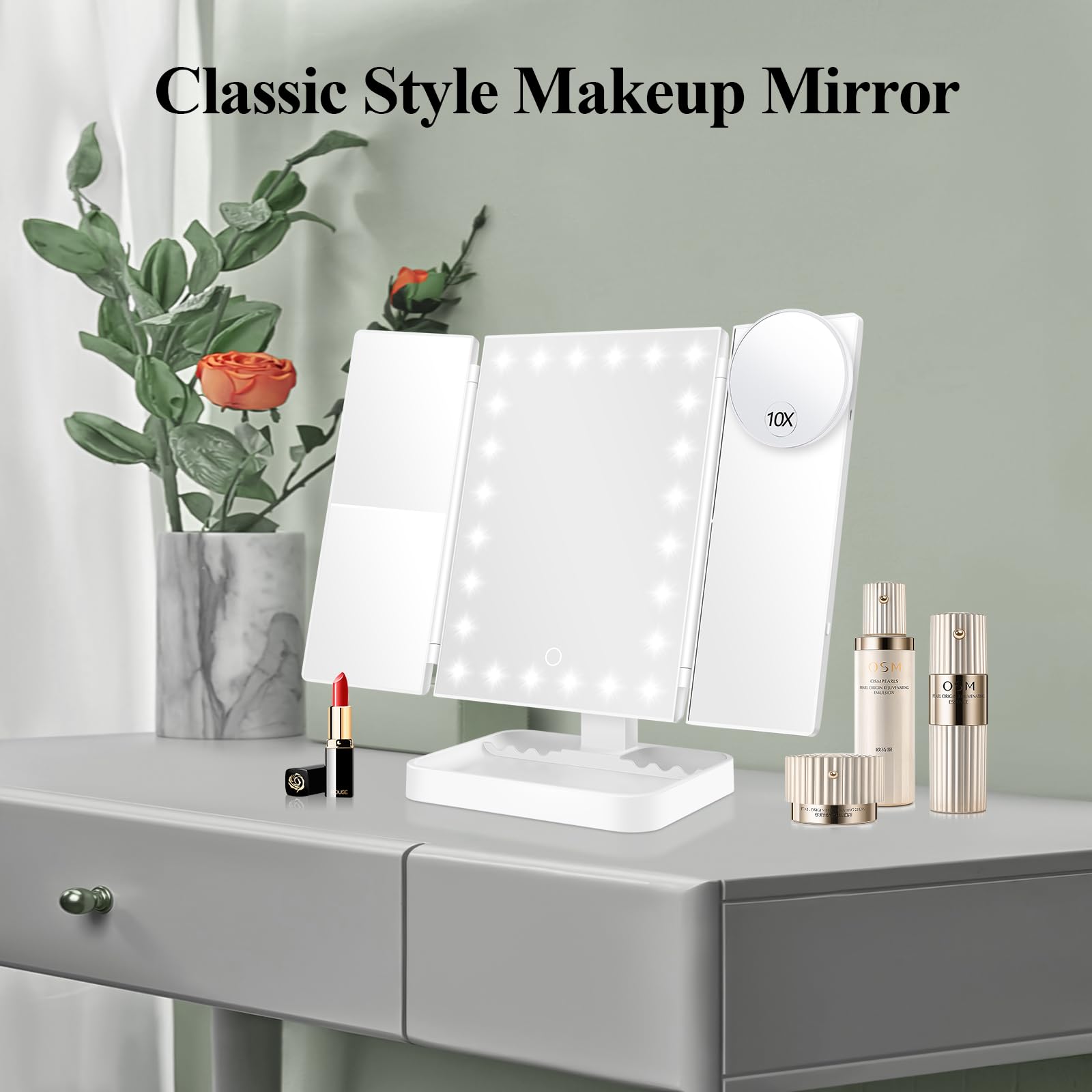 Huonul Rechargeable Makeup Mirror With 3 Color Lights, 2000Mah Lighted Makeup Mirror, Magnetic 10X Magnifying Mirror, 360 Degree