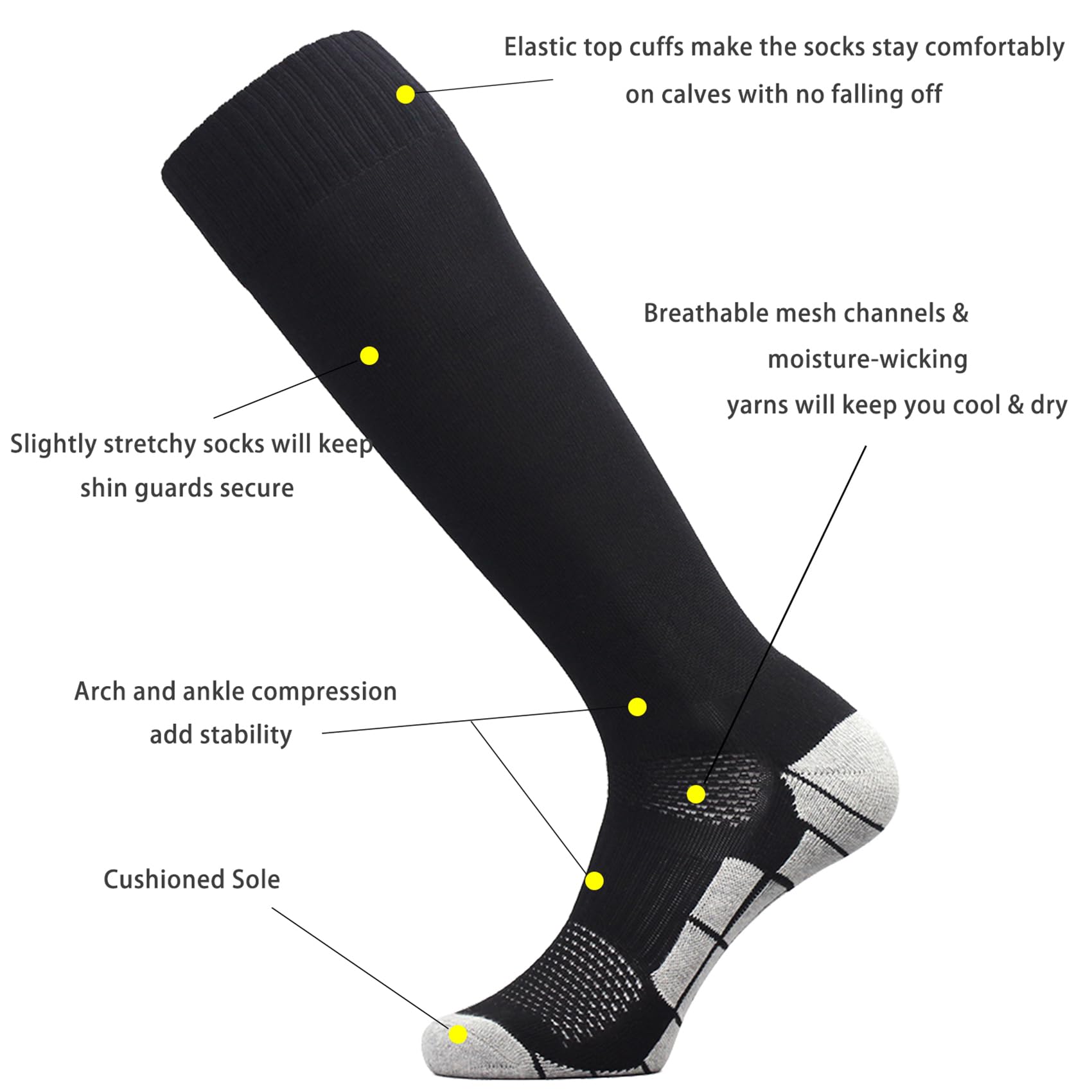 Cwvlc Soccer Socks Mens Womens 3 Pairs Football Sport Team Athletic Knee High Long Tube Cotton Compression Socks Black Large (10