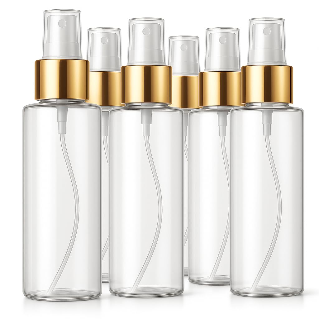 Bar5F Fine Mist Spray Bottle 4-Ounce Crystal-Clear And Firm Bpa-Free Gold Misting Cap 6-Pack