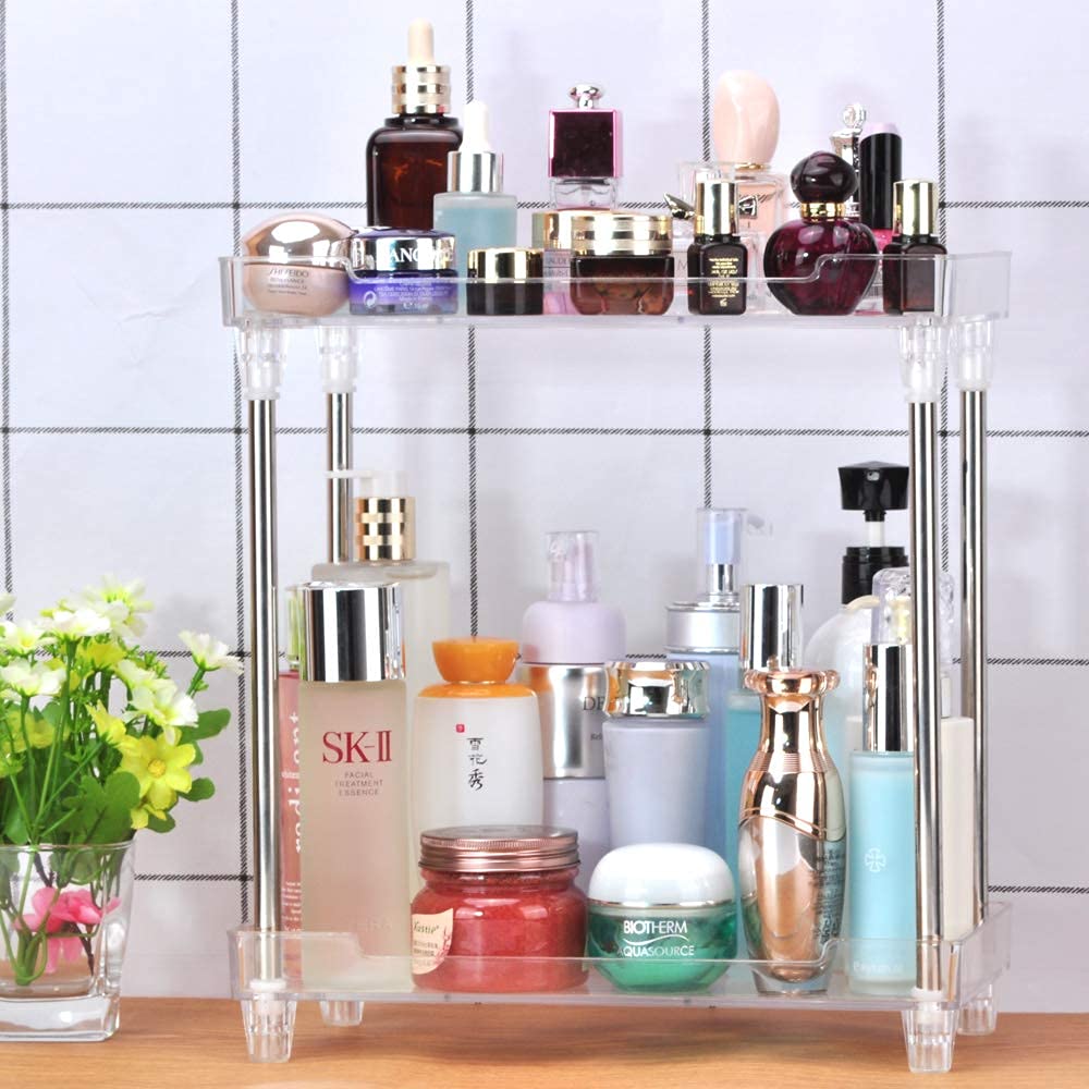 Afoobezos 2-Tier Storage Shelves, Multifunctionl Vanity Makeup Organizers, Clear Display Tray Caddy Stand For Bathroom Kitchen B